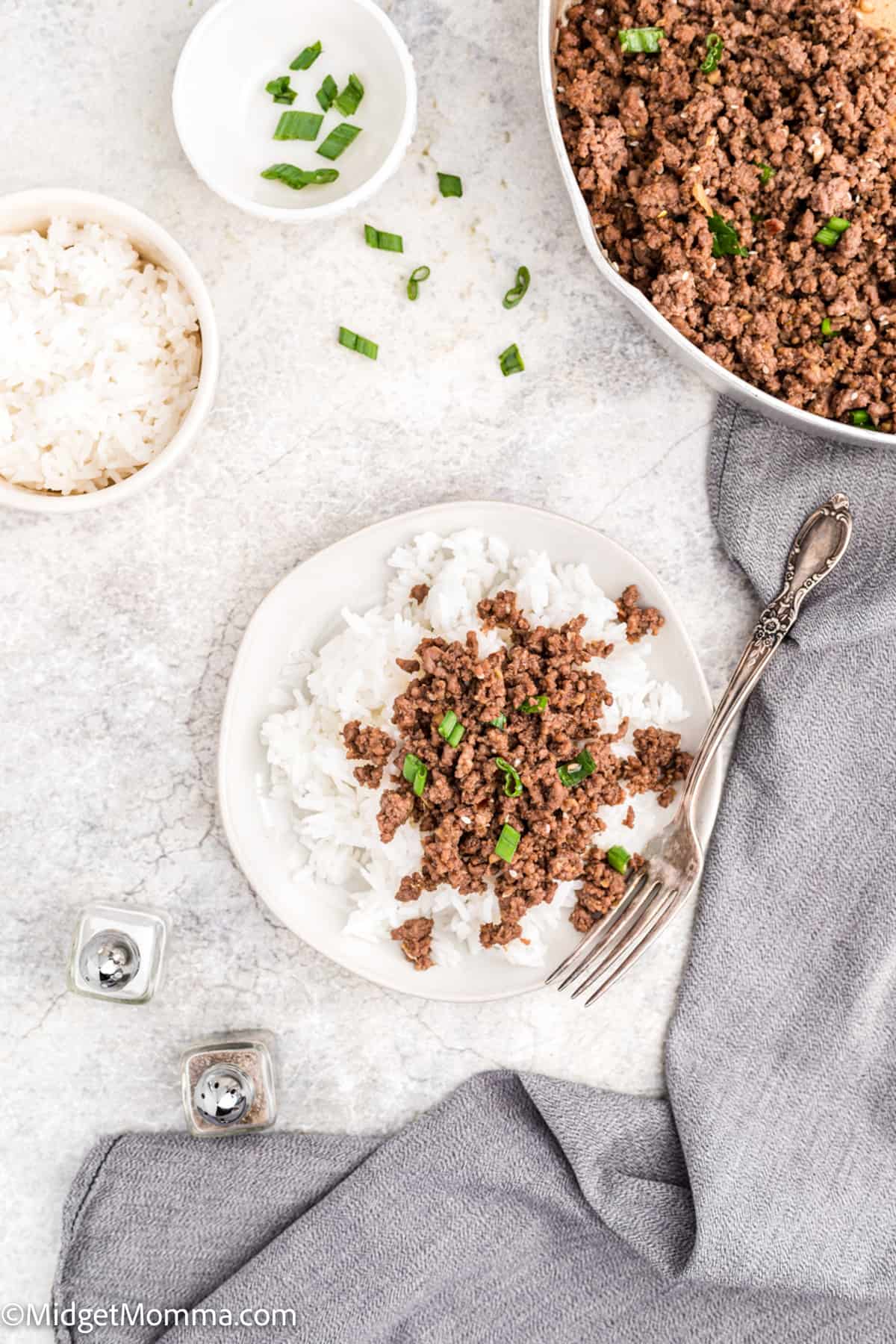 overhead photo Korean Ground Beef and Rice Bowls Recipe