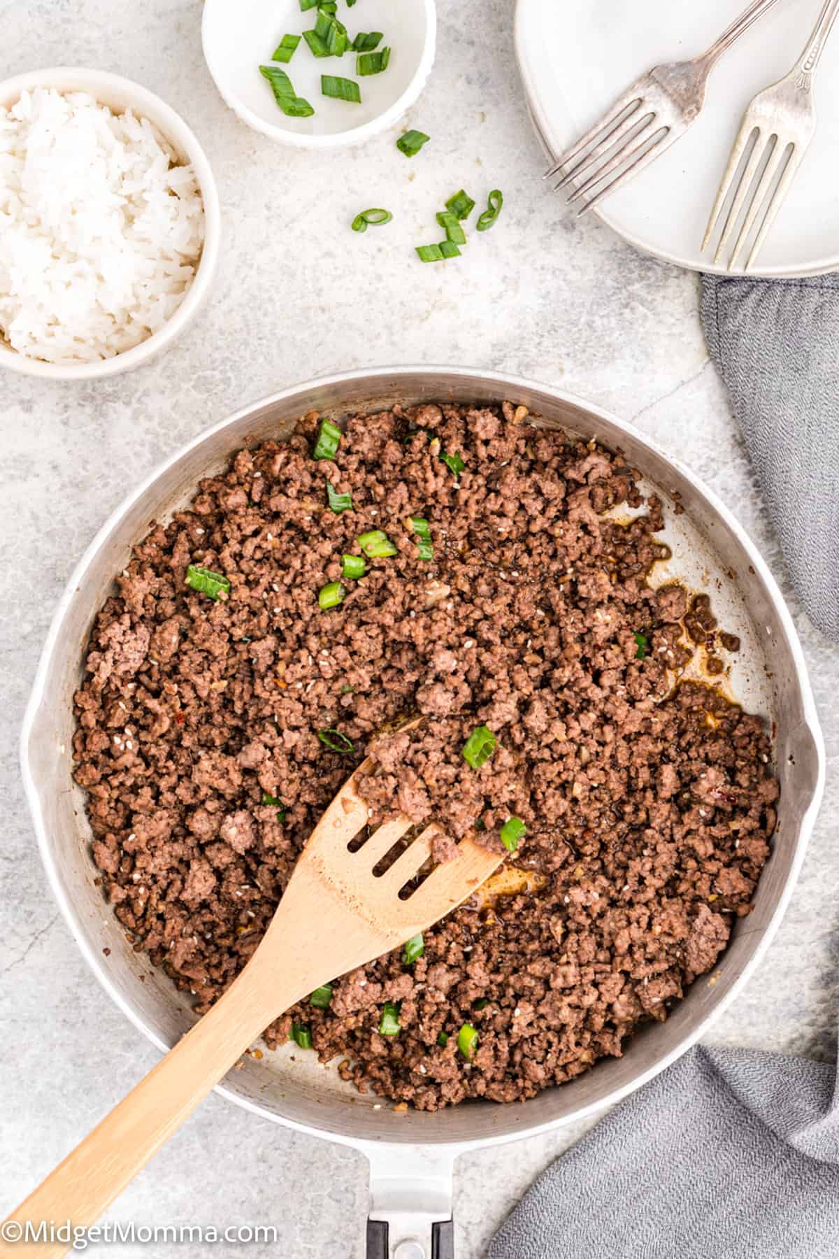 Korean Ground Beef and Rice Bowls Recipe ground beef cooked in a pan