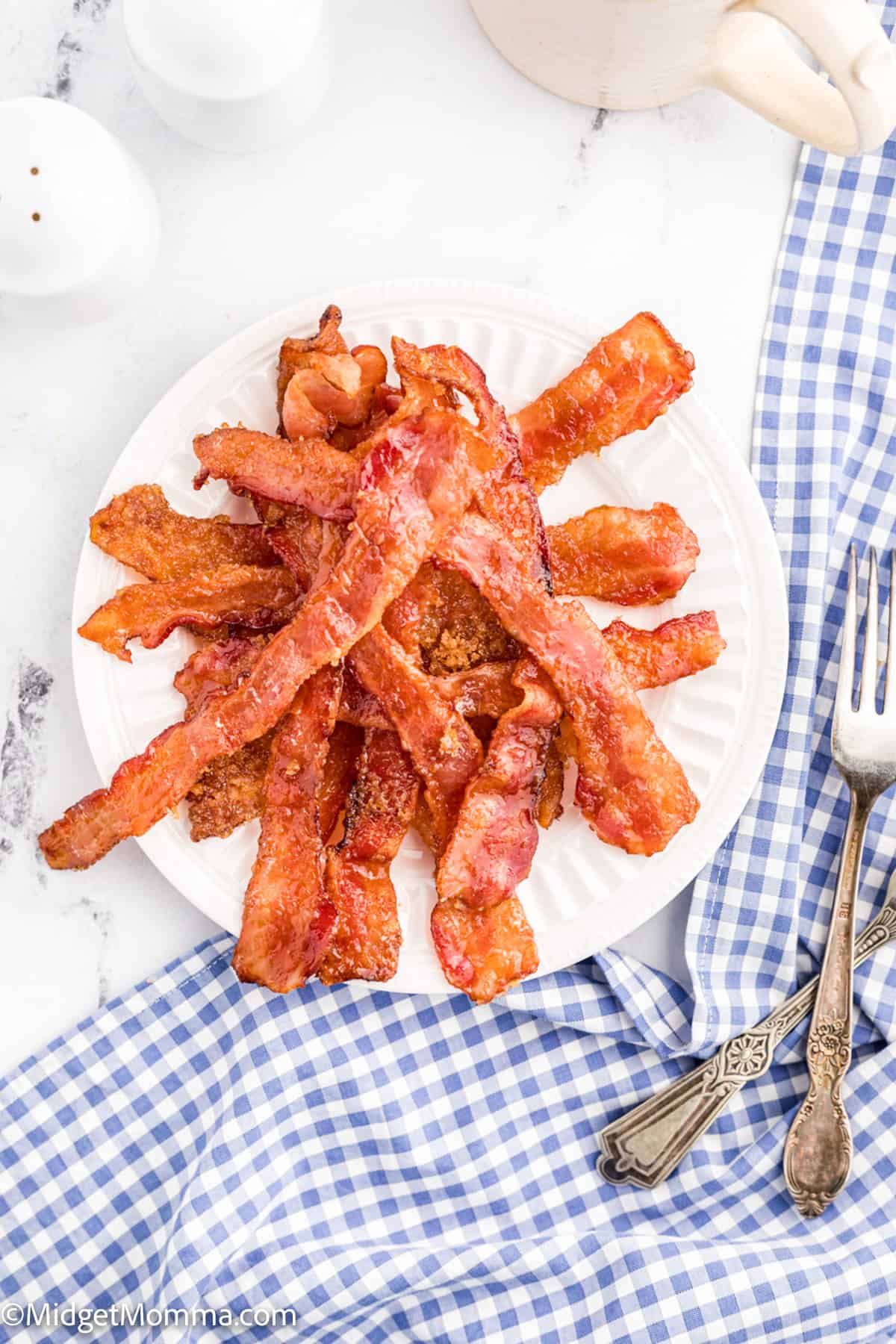 over head photo of cooked Brown Sugar Bacon on a plate