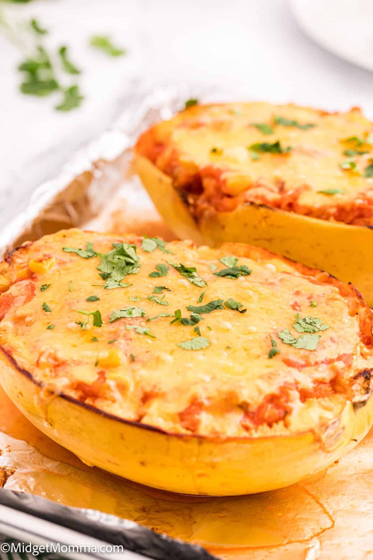 close up photo of Chicken Enchilada Stuffed Spaghetti Squash