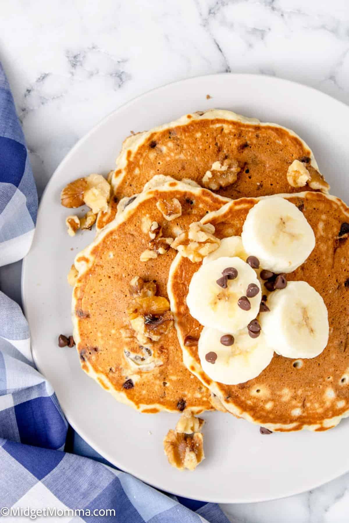 Overhead photo of chunky monkey pancakes on a plate