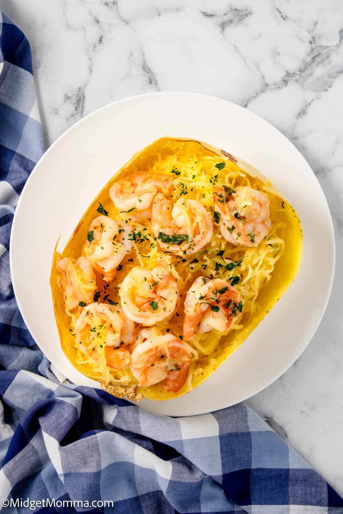 overhead photo of Spaghetti Squash Shrimp Scampi