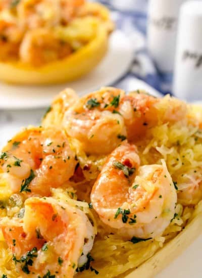 close up photo of Spaghetti Squash Shrimp Scampi