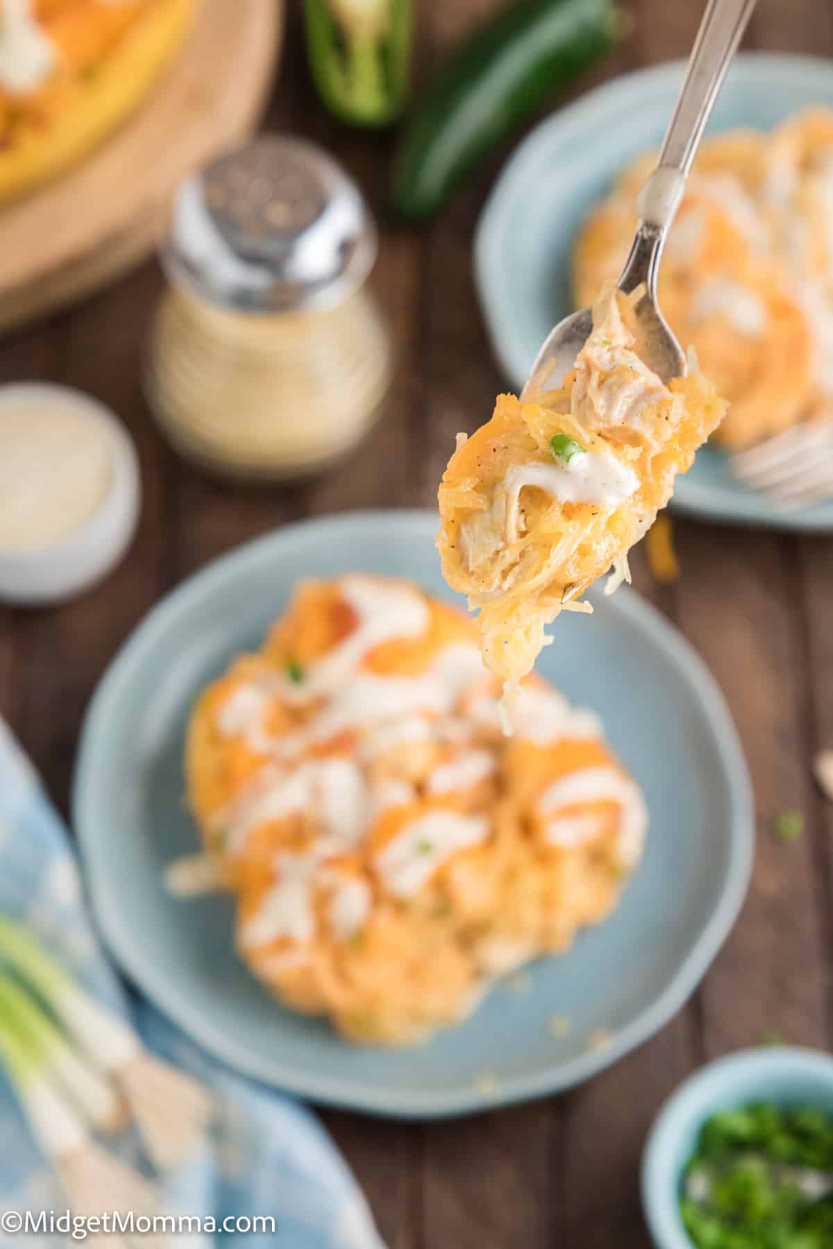 forkful of buffalo chicken spaghetti squash 