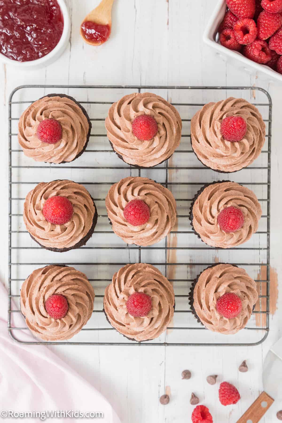 overhead photo of Chocolate Raspberry Cupcakes Recipe on a baking rack