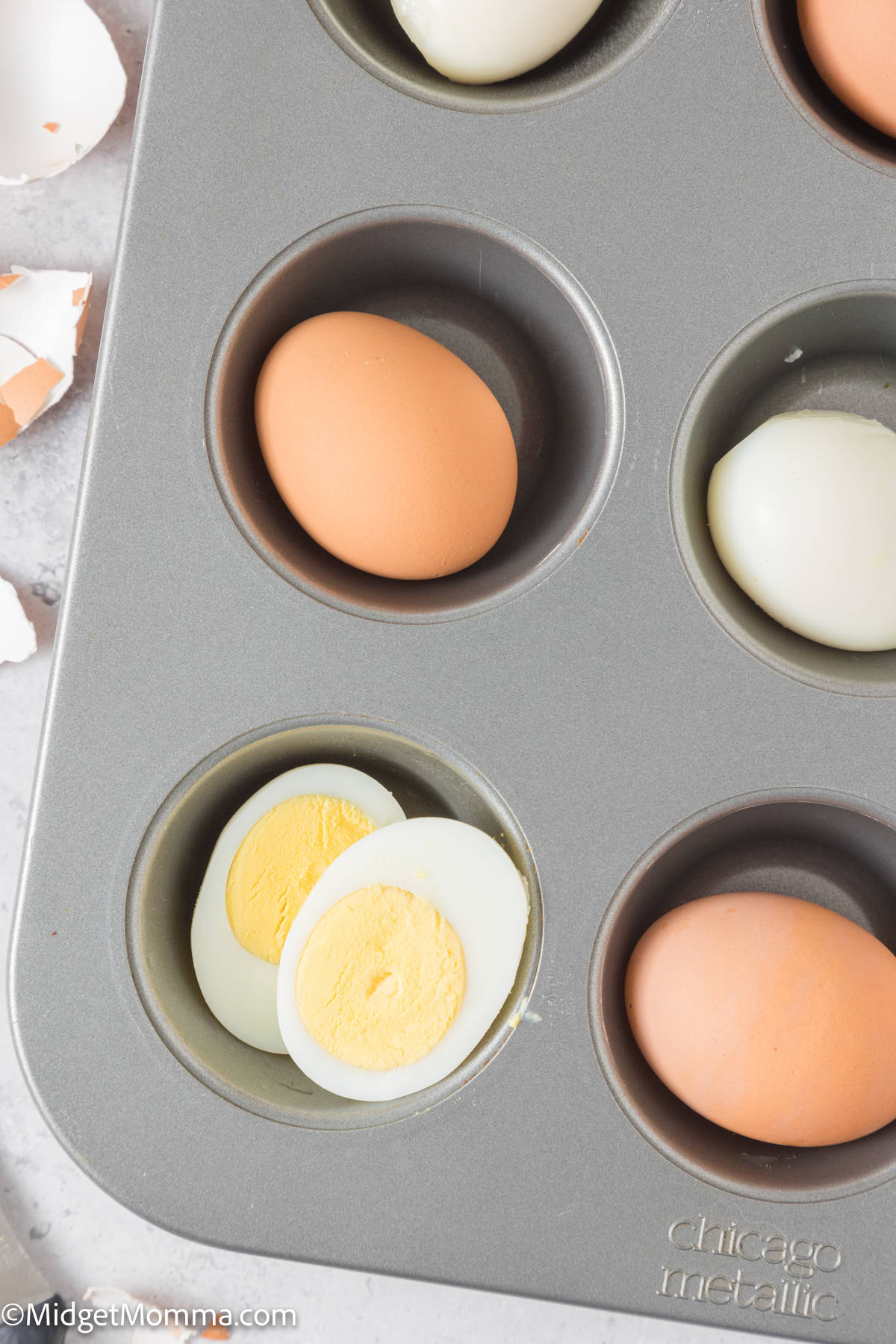 Hard boiled eggs in a muffin tin.