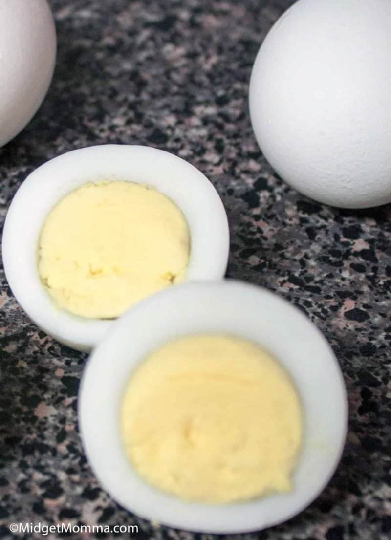 Oven baked hard boiled Eggs cut in half