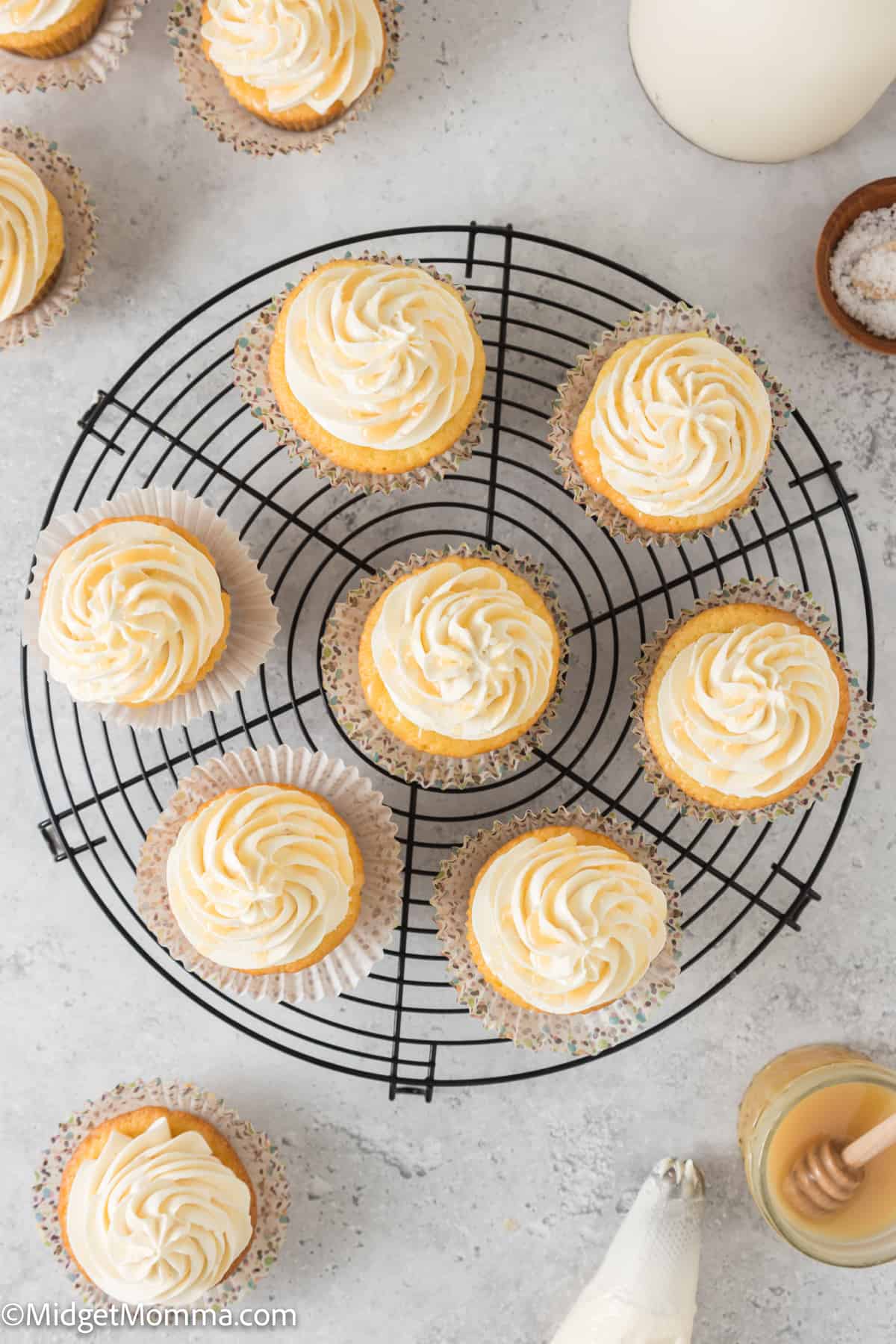 overhead photo of caramel cupcakes on a platter