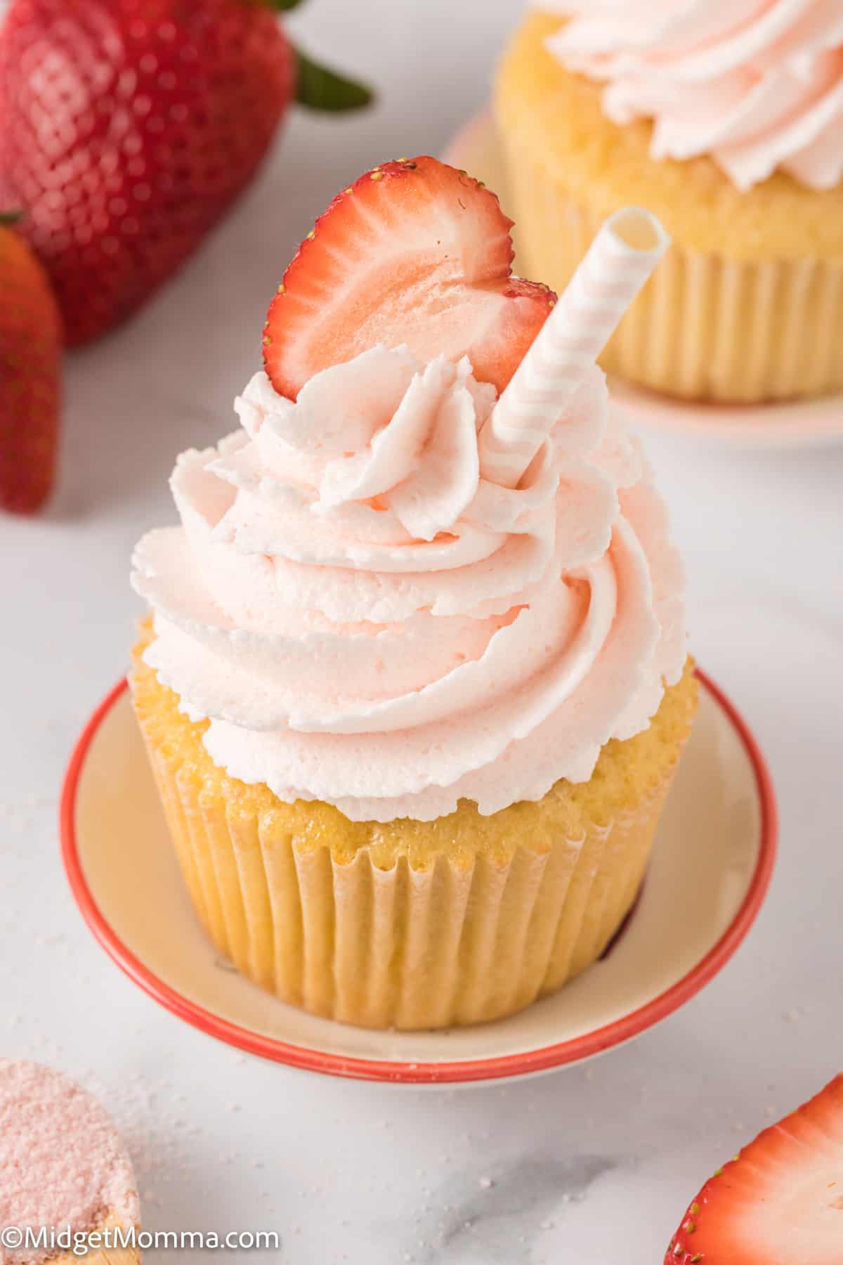 single Strawberry Lemonade Cupcake on a plate