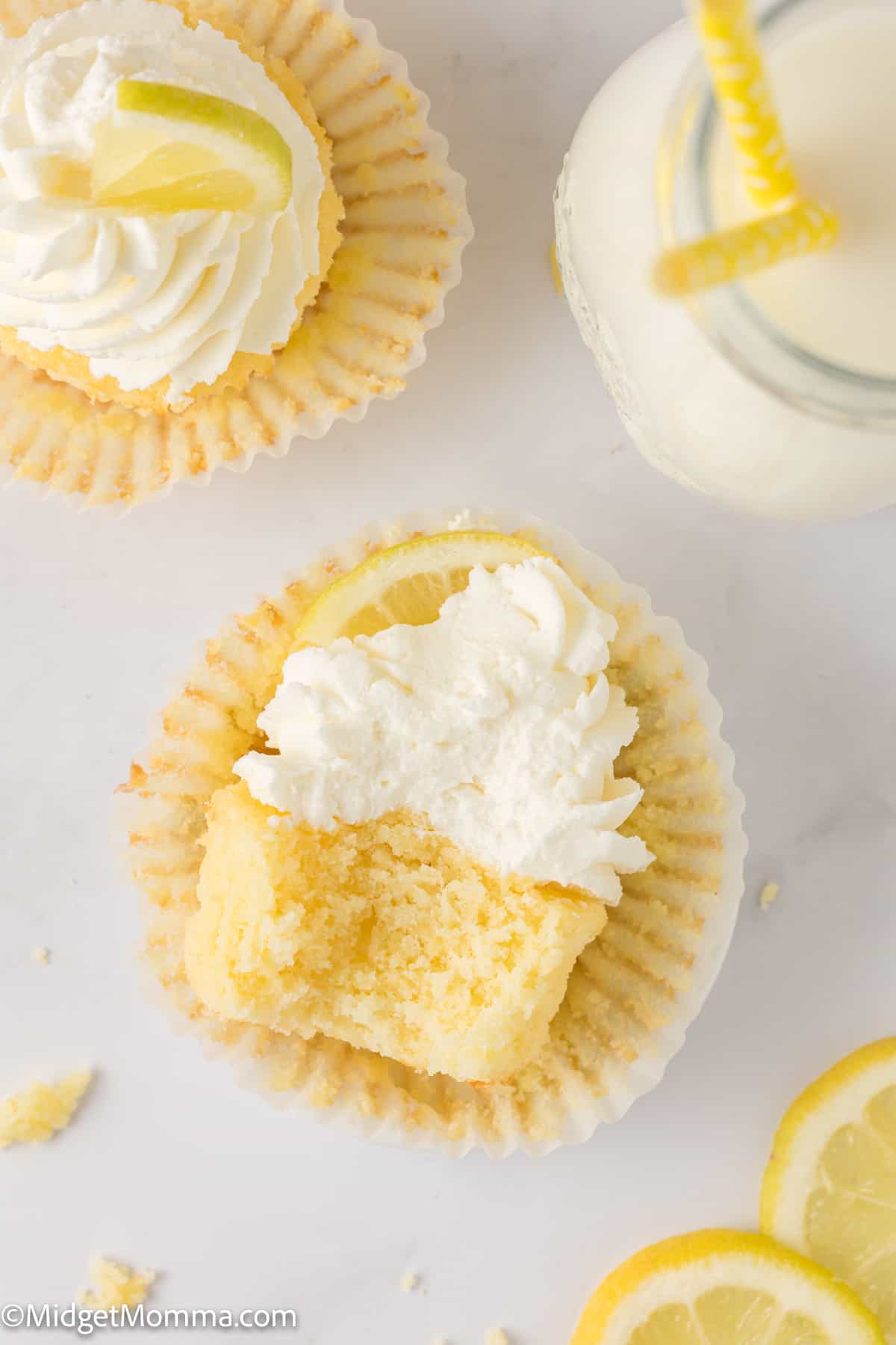 overhead photo of a lemon cupcake