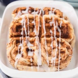 Freshly made Cinnamon roll waffles on a plate