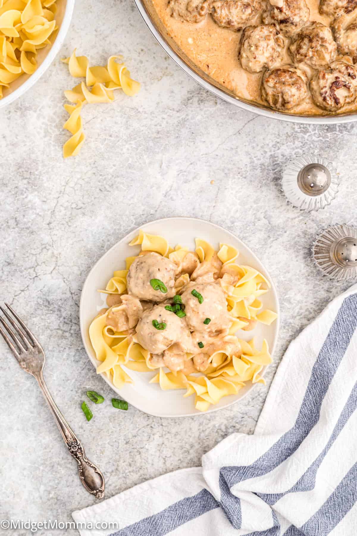 overhead photo of Meatball Stroganoff Recipe on a plate with egg noodles