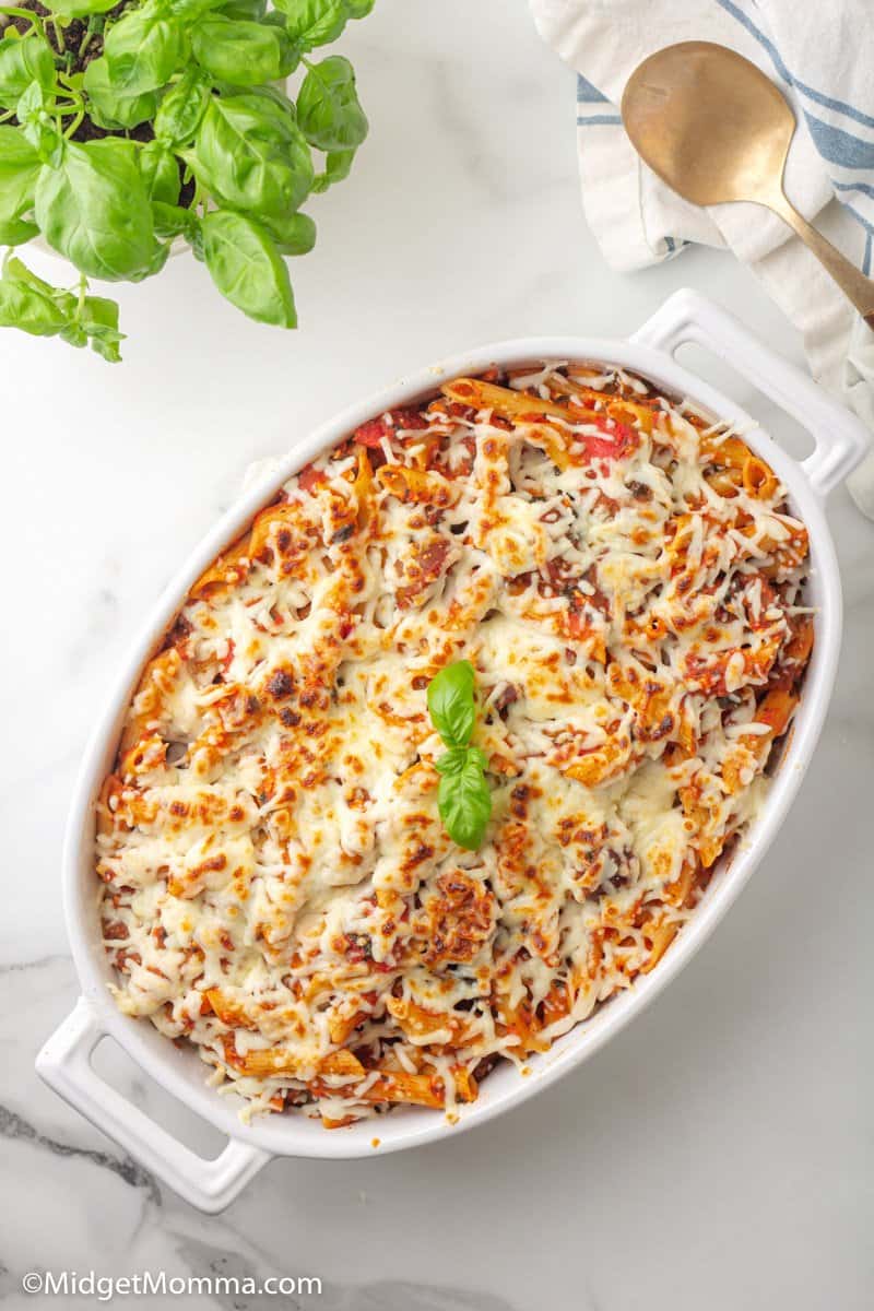 overhead shot of Spinach and Sausage Baked Penne Pasta