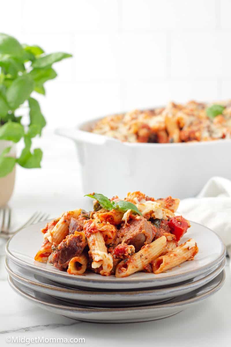 Spinach and Sausage Baked Penne Pasta on a plate