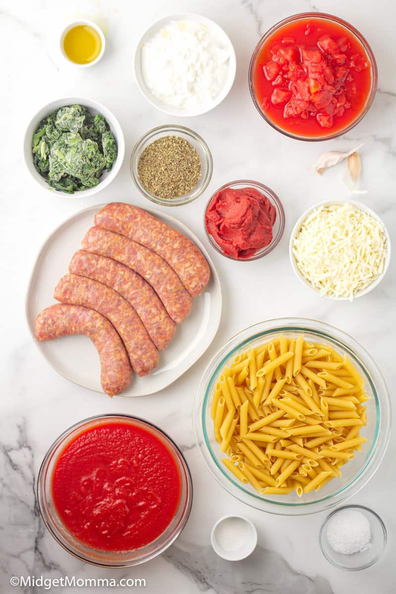 Spinach and Sausage Baked Penne Pasta ingredients