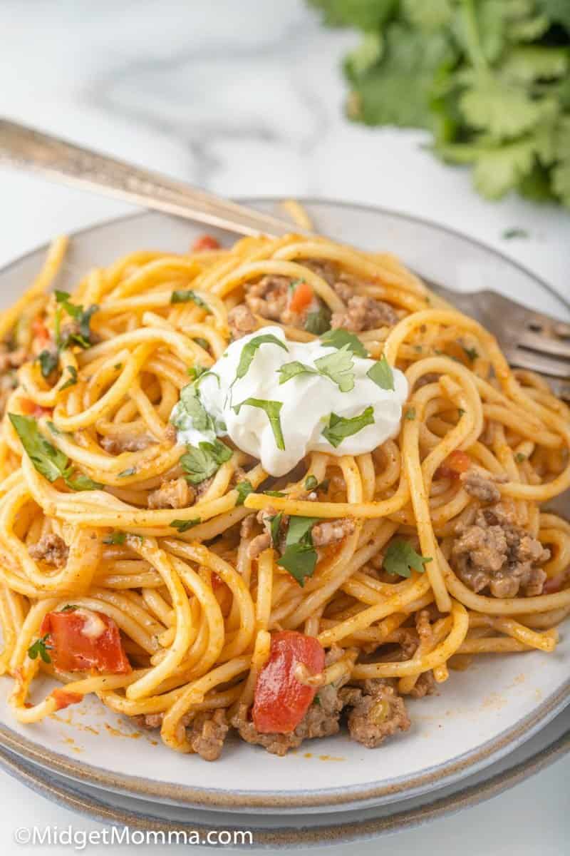 close up photo of Taco Spaghetti on a plate