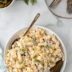 overhead photo of Dill pickle Pasta Salad Recipe