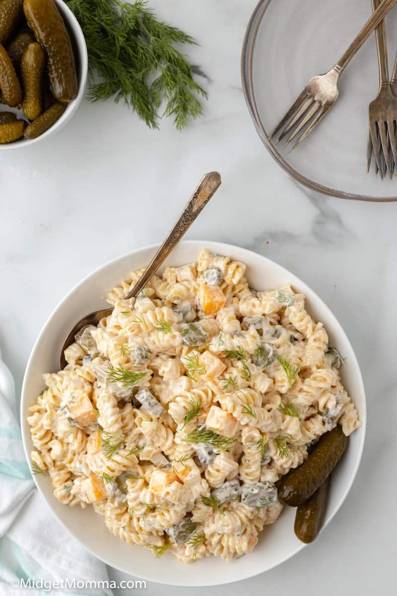 overhead photo of Dill pickle Pasta Salad Recipe