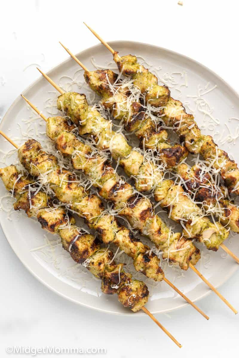 overhead photo of Pesto Grilled Chicken Kabobs