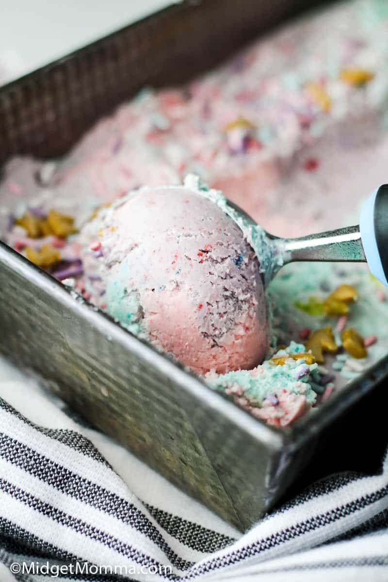 unicorn no churn ice cream being scooped with an ice cream scoop