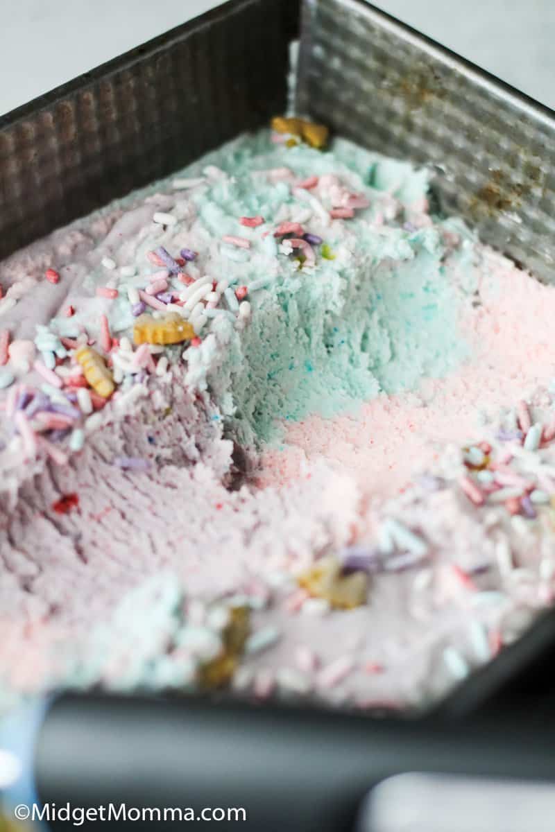 unicorn rainbow ice cream finished being made in a metal pan