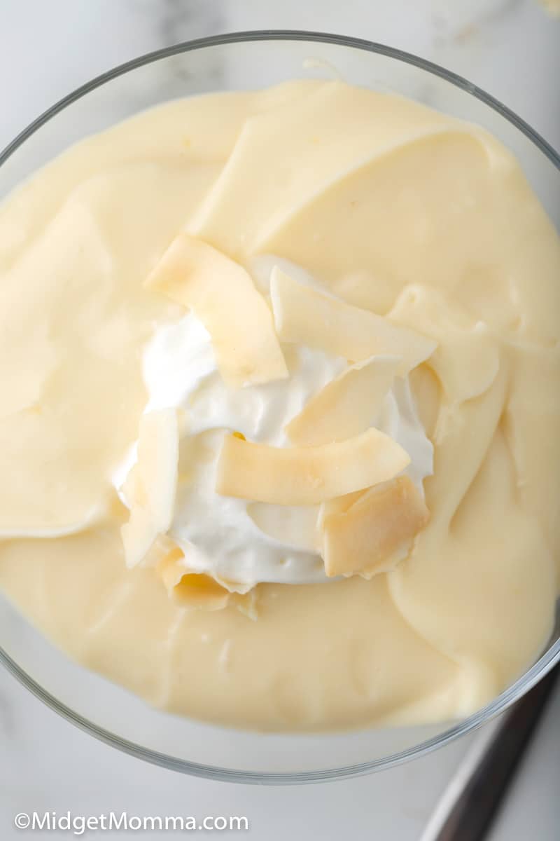 close up photo of pudding in a serving dish