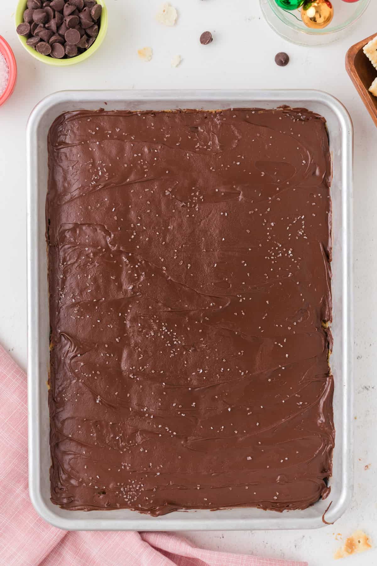 salt added on top of christmas crack on top of the chocolate layer