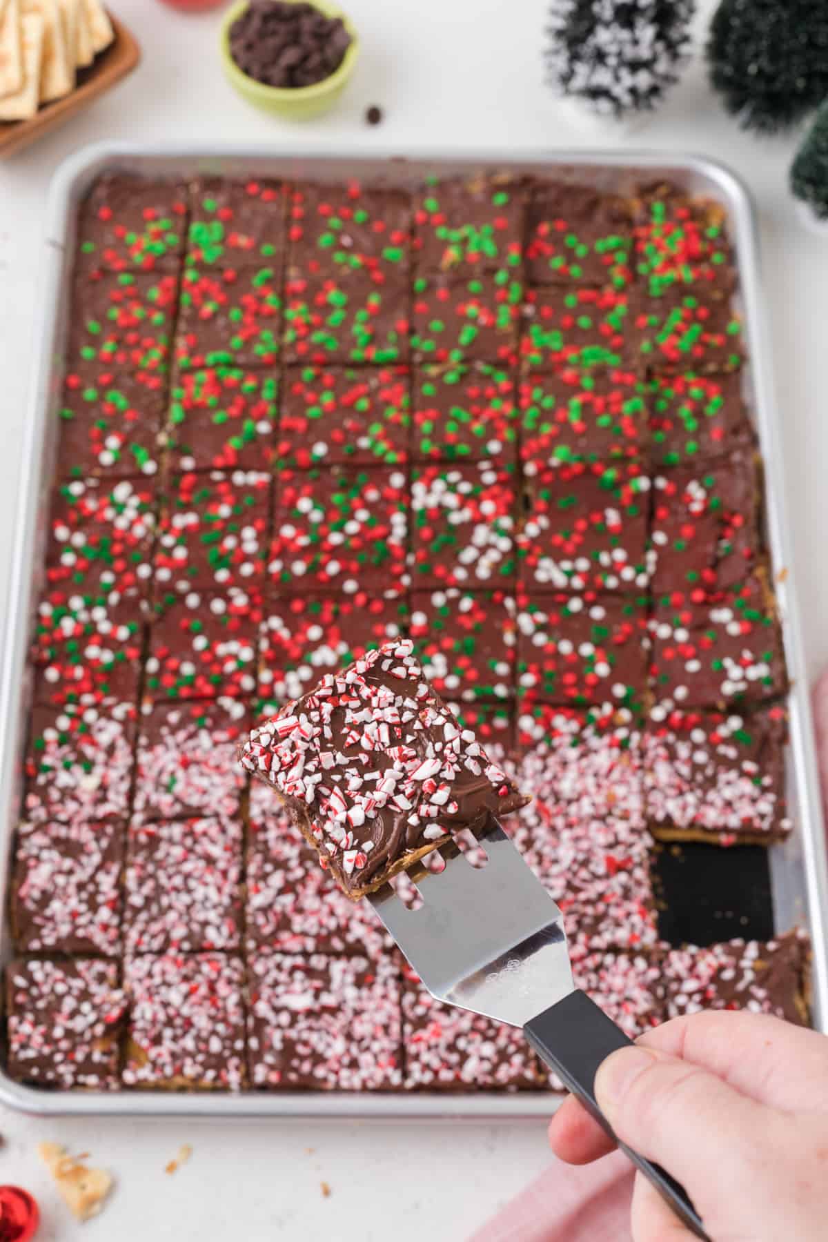 christmas crack in a baking sheet cut into pieces