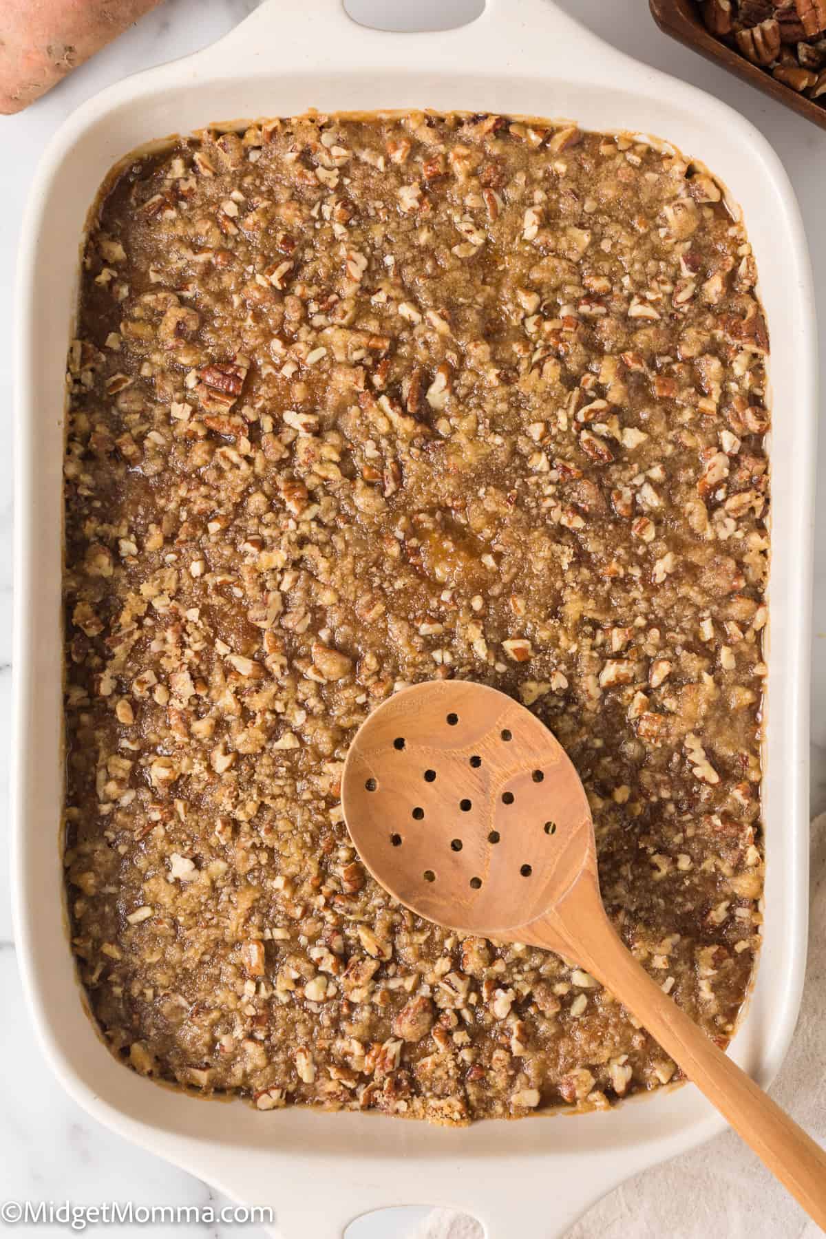 overhead photo of Sweet Potato Casserole with Pecan Topping Recipe