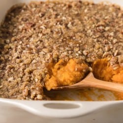Close up photo of Sweet Potato Casserole with Pecan Topping Recipe