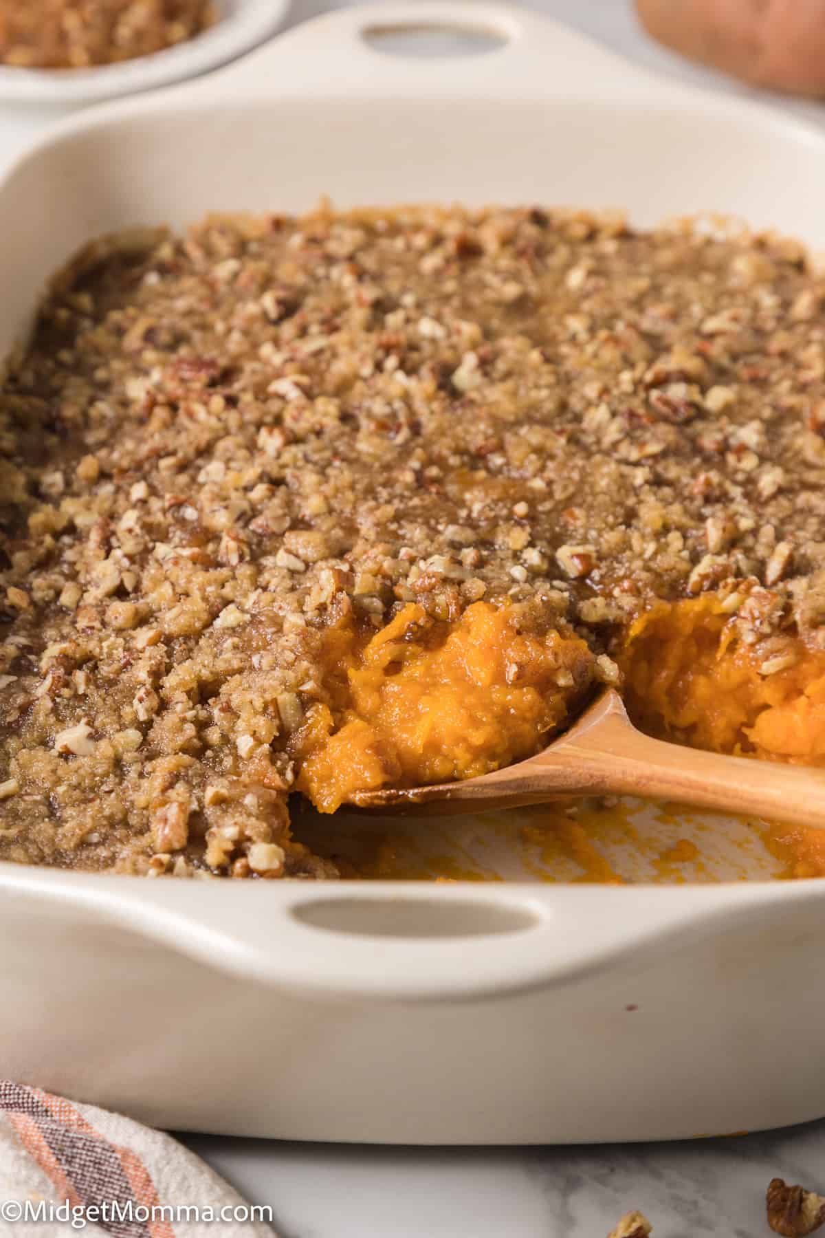 Close up photo of Sweet Potato Casserole with Pecan Topping Recipe