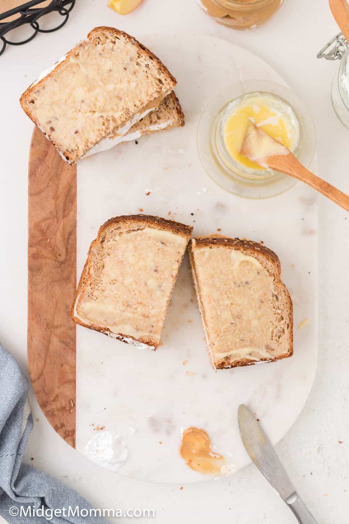 Grilled Peanut Butter and Marshmallow Fluff Sandwich being made 