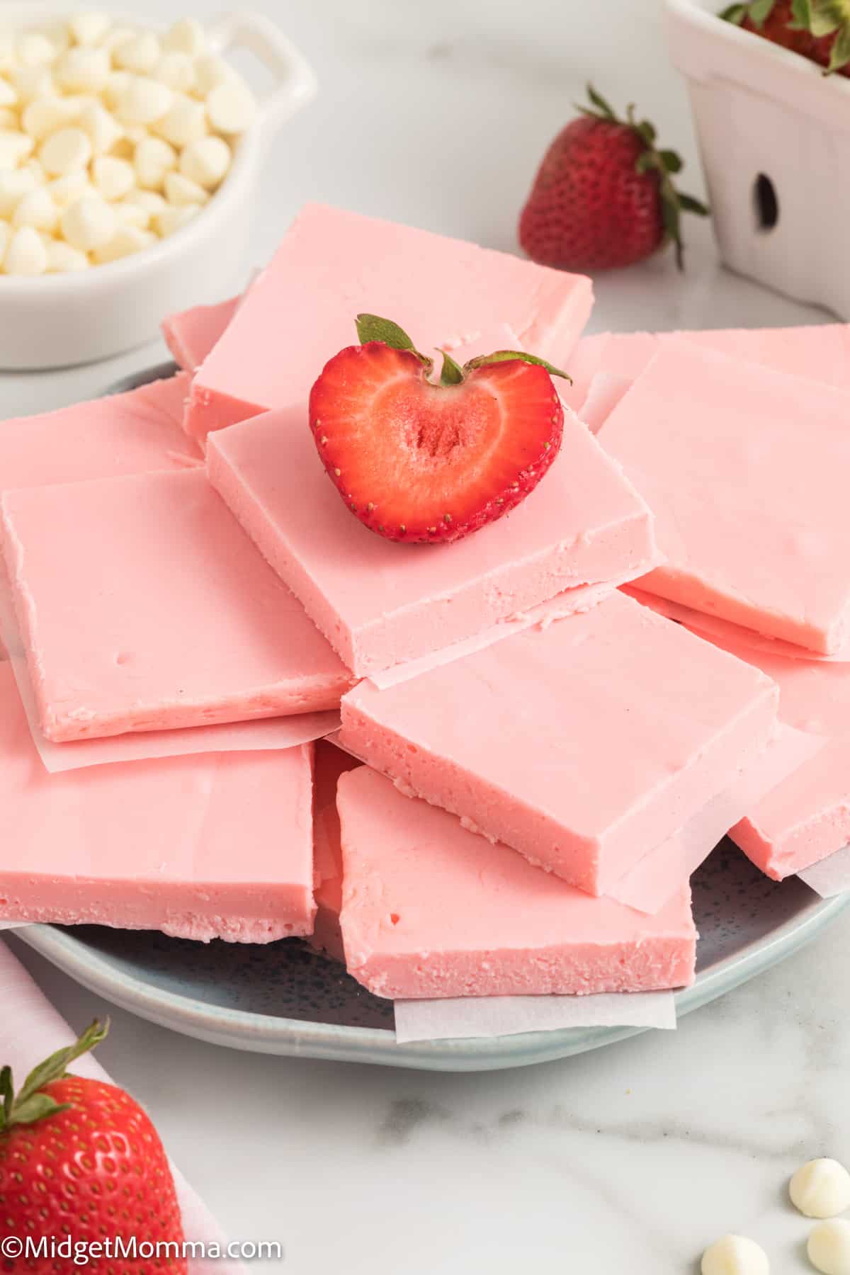 two ingredient strawberry fudge recipe stacked on a plate