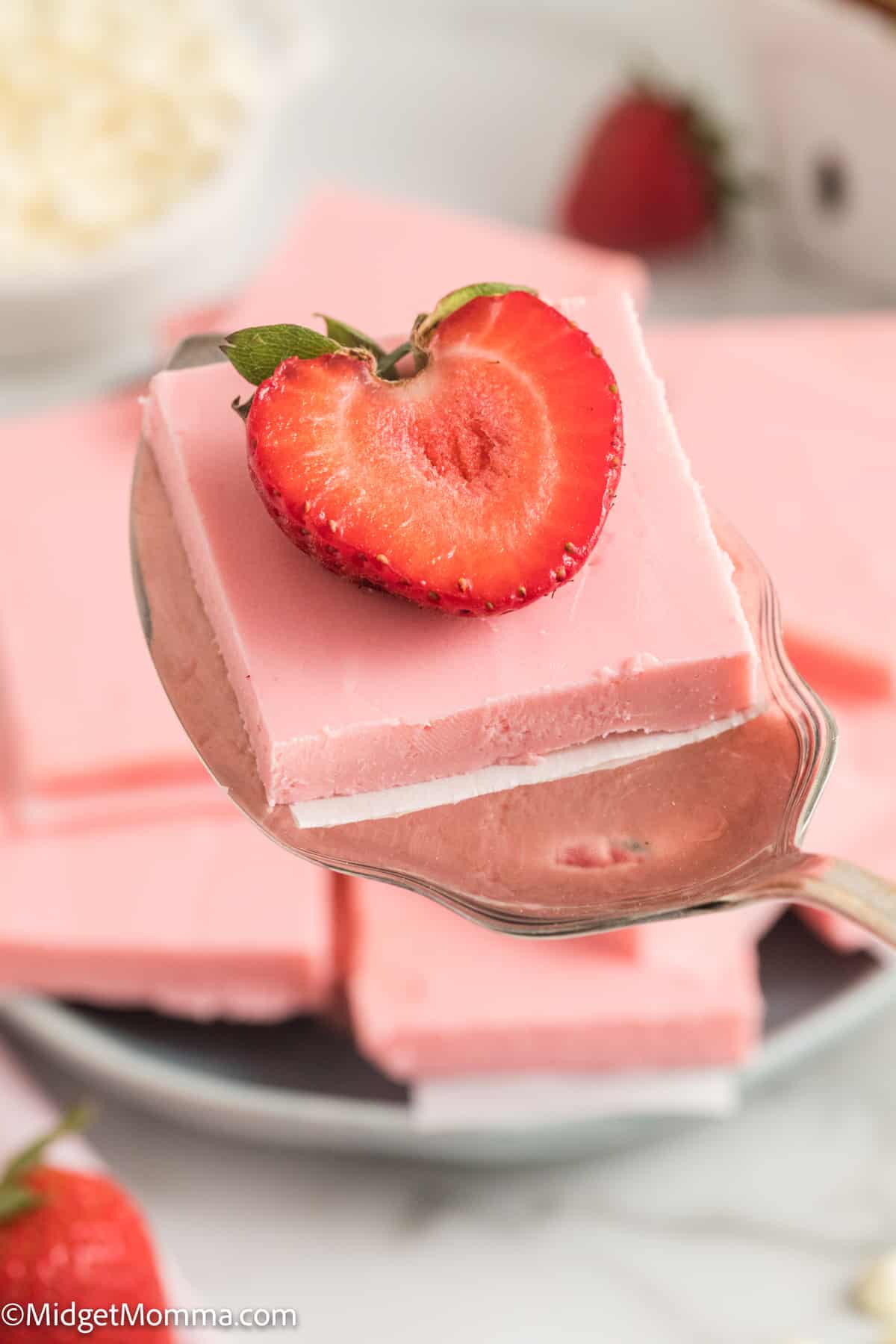 close up photo of strawberry fudge made with frosting
