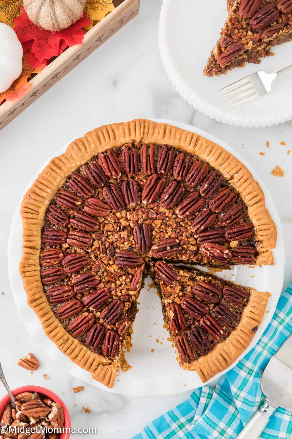 overhead photo of cut pecan pie