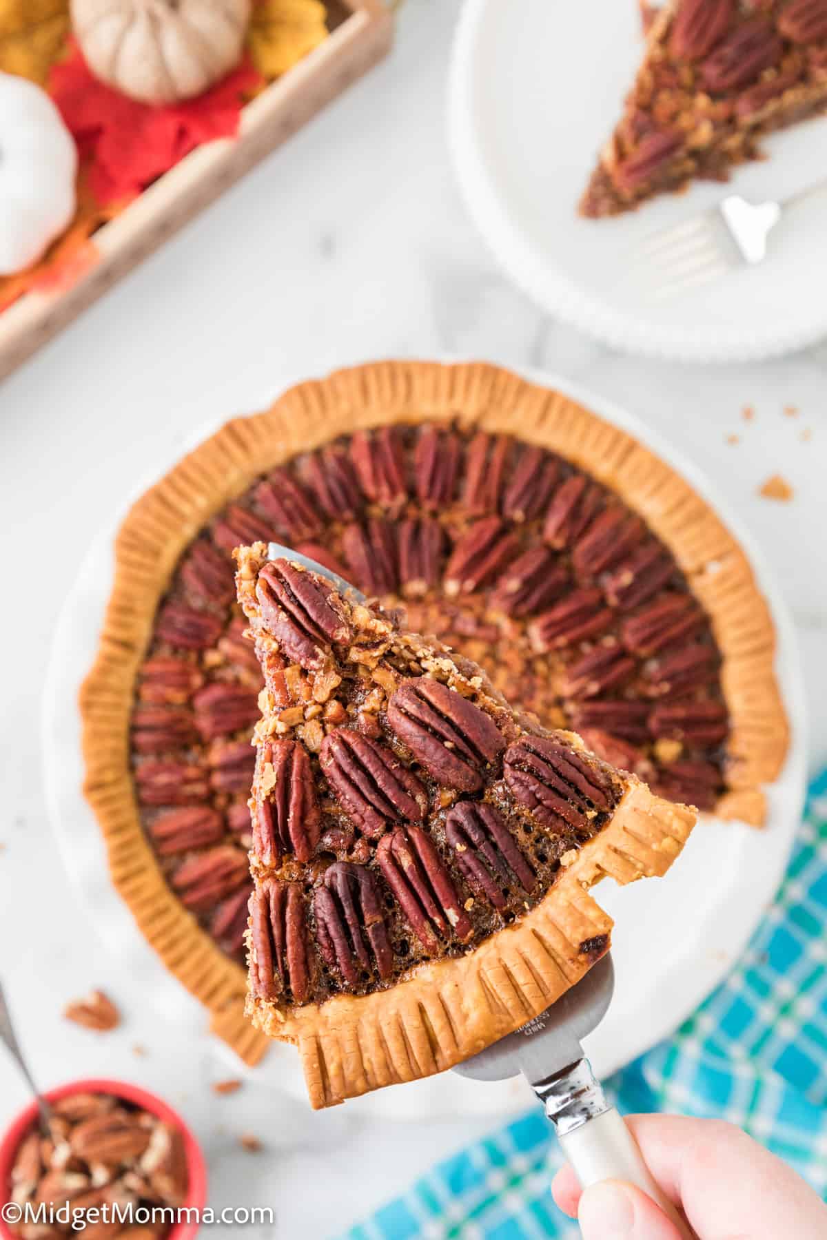 slice of pecan pie on a pie serving utensil