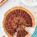 overhead photo of pecan pie in a pie dish