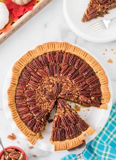 overhead photo of pecan pie in a pie dish