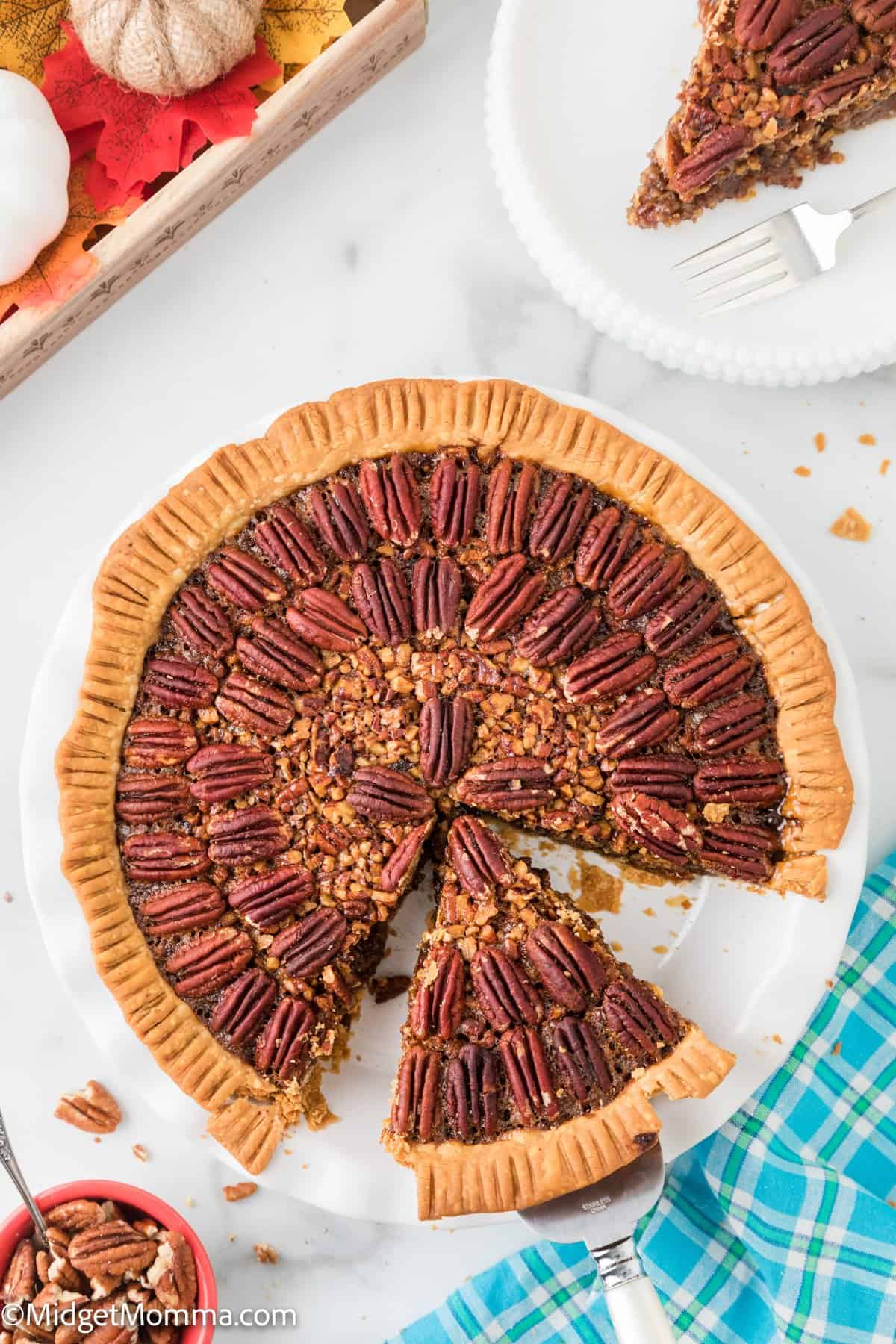 overhead photo of pecan pie in a pie dish