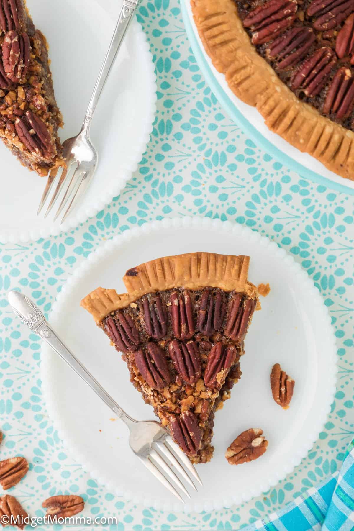 overhead photo of a slice of pecan pie