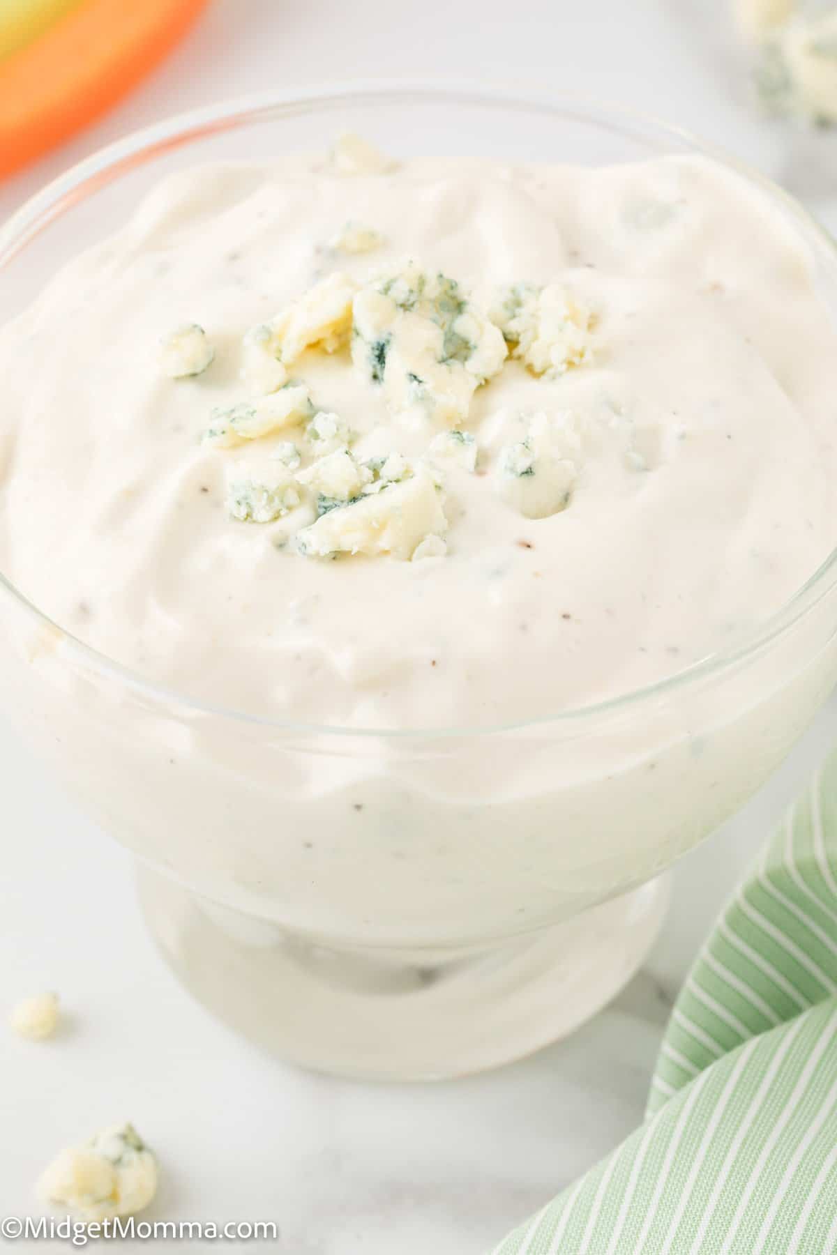 close up photo of a bowl of homemade blue cheese dressing recipe