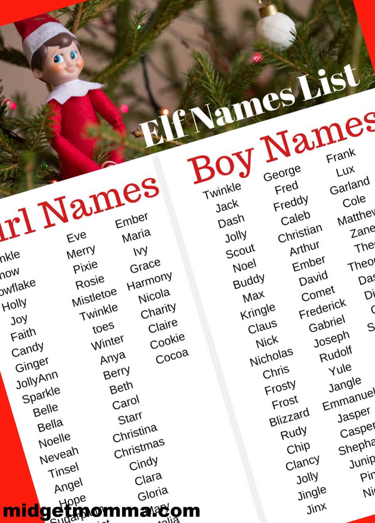 Elf on the shelf names printable list - girl elf names and boy elf names