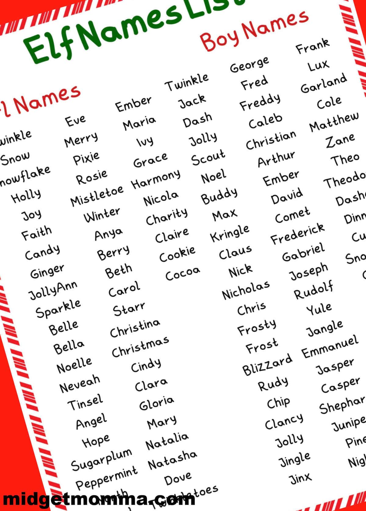 Elf on the shelf names printable list - girl elf names and boy elf names