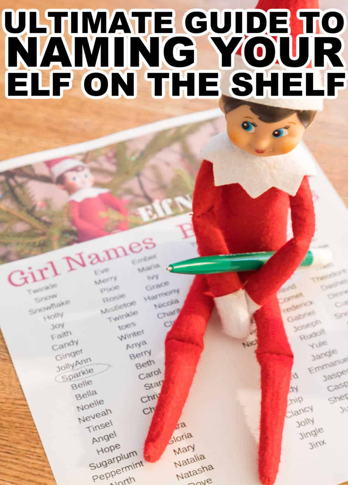 The ultimate guide to naming your elf on the shelf. Elf on the shelf sitting with the Elf names printable.