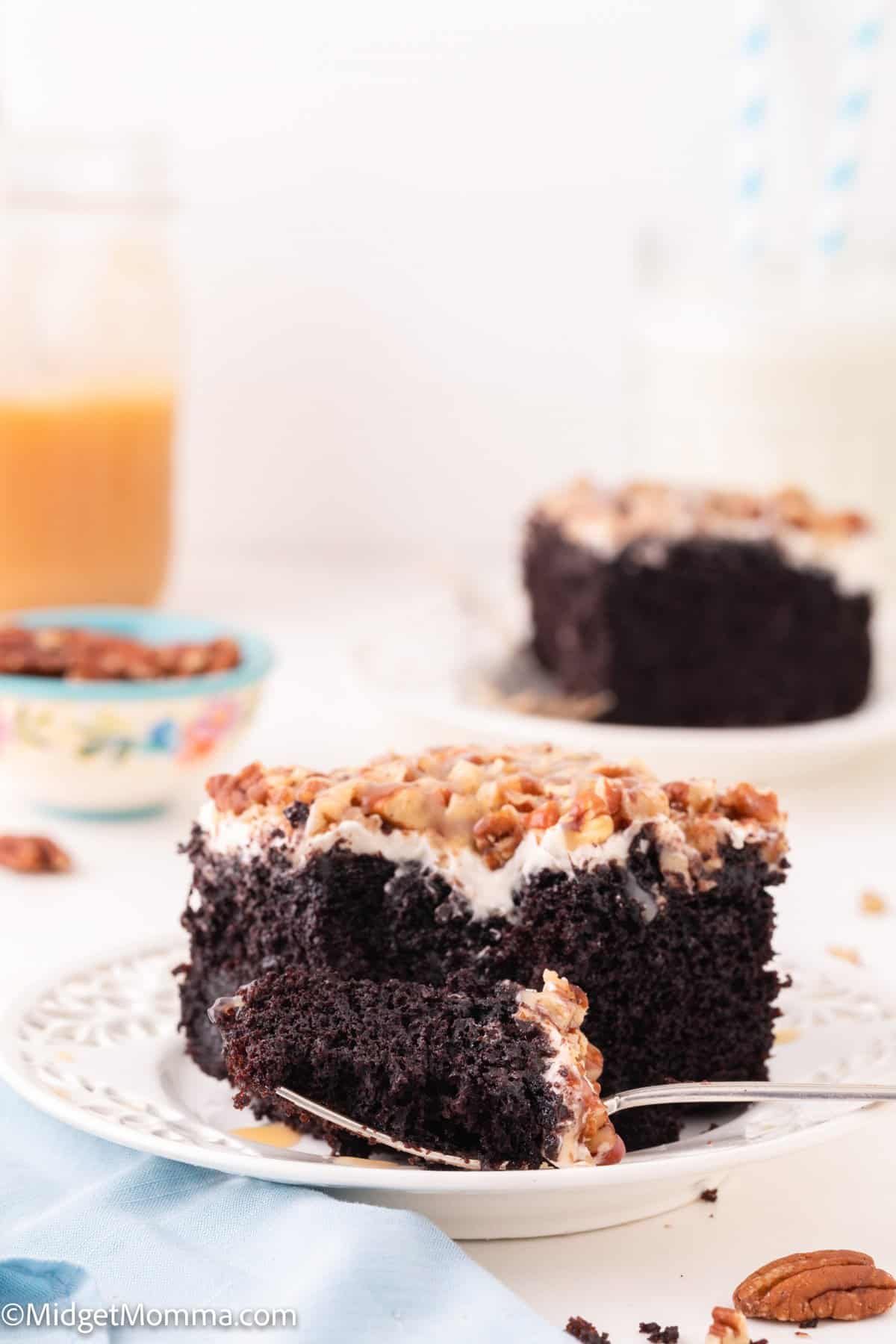 slices of Caramel Turtle Chocolate Poke Cake