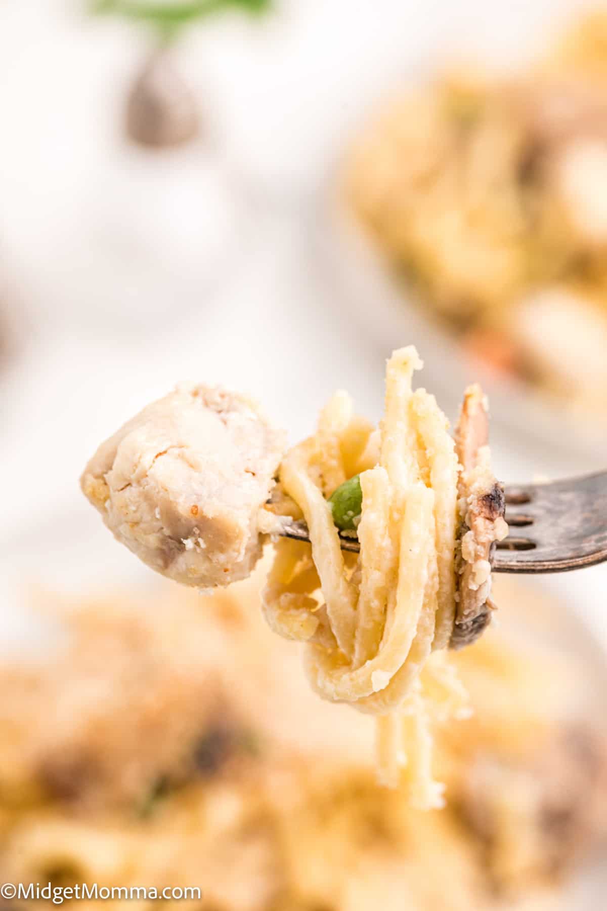 bite of Chicken Tetrazzini  on a fork