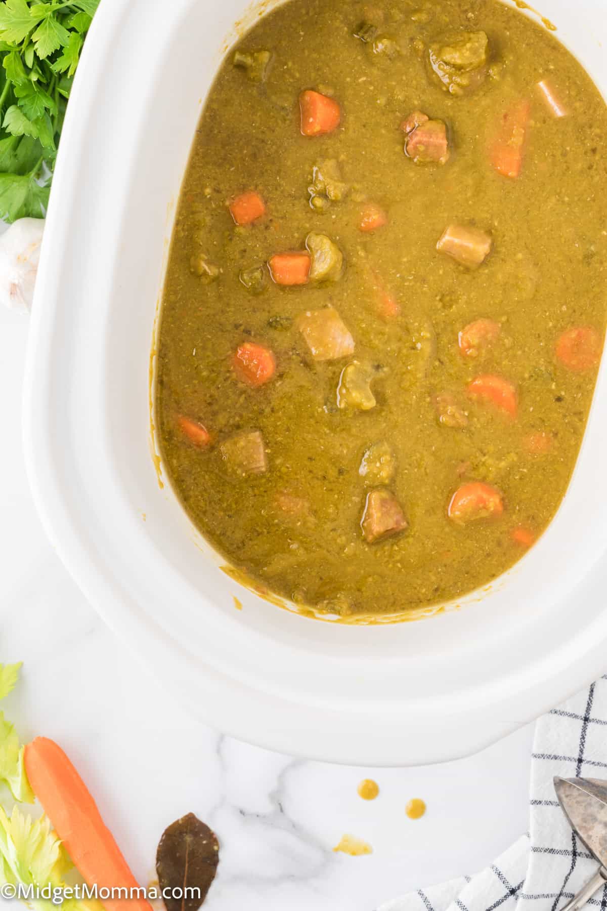 overhead photo of split pea soup in the slow cooker