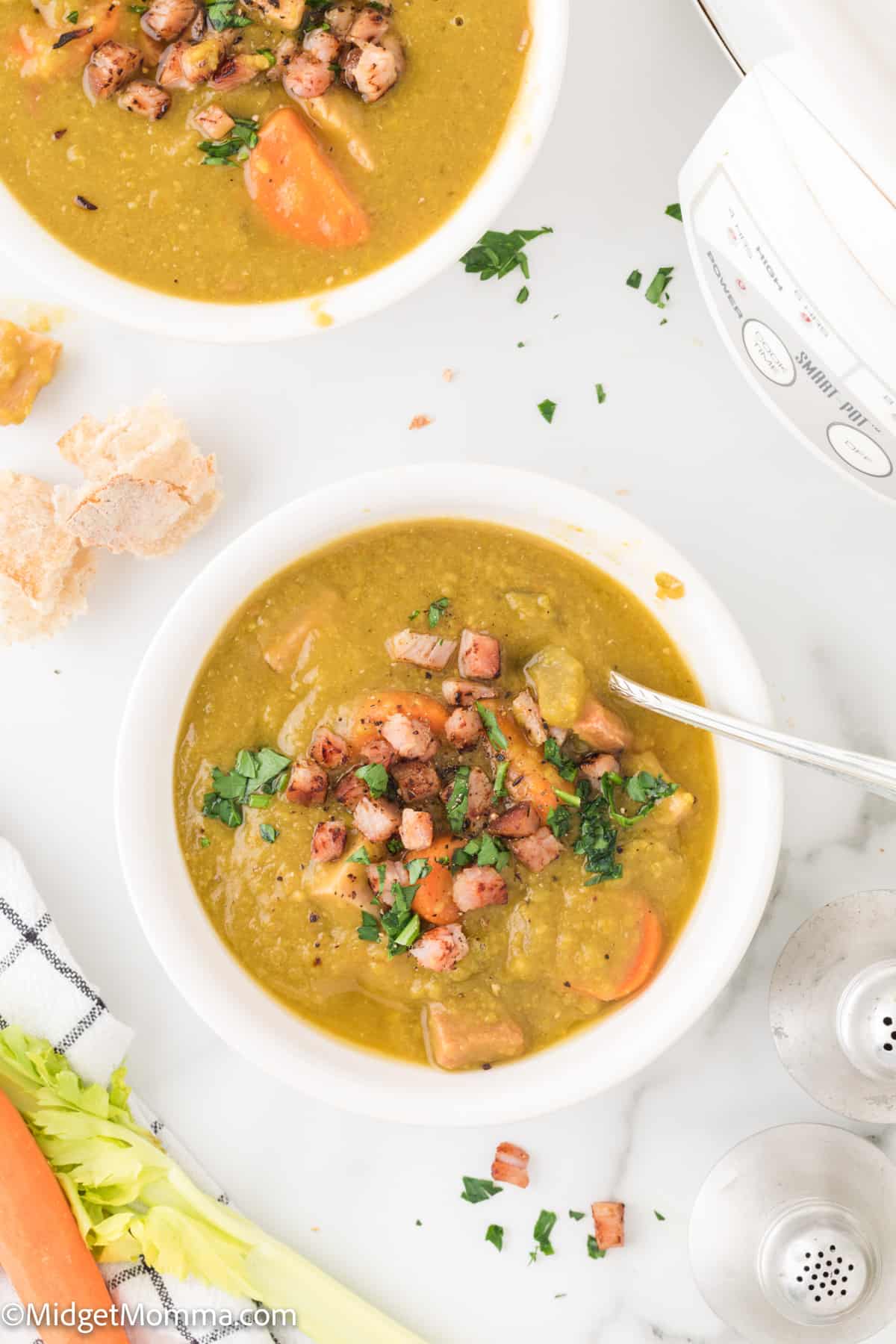 overhead photo of split pea soup in a bowl