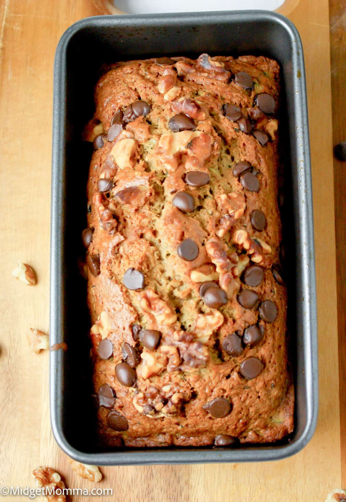 overhead photo of Chocolate Chip Zucchini Bread in a bread pan