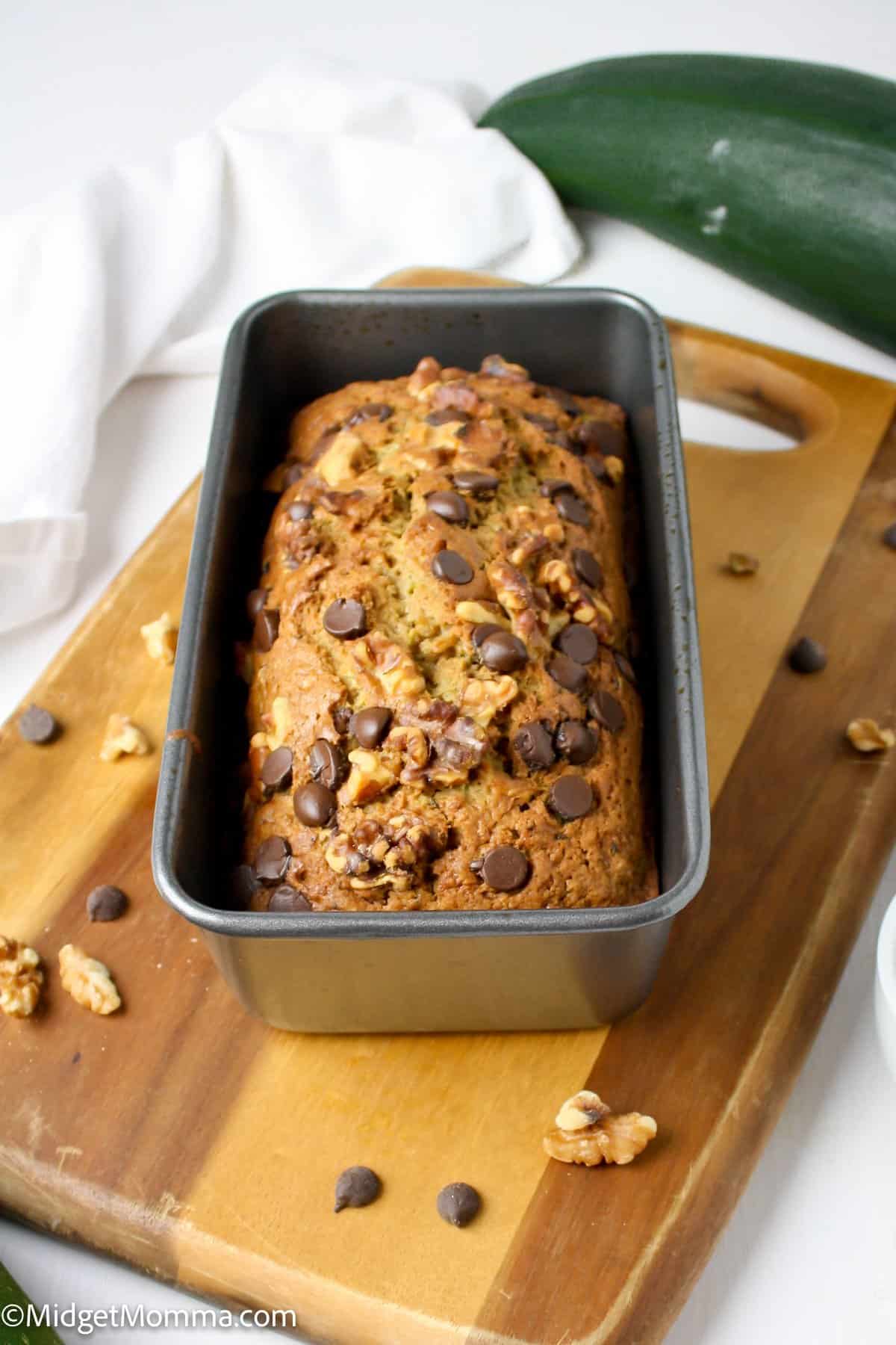 Chocolate Chip Zucchini Bread in a bread pan